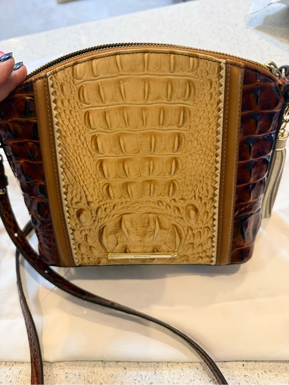 Brahmin Tan & Brown Embossed Leather Crossbody